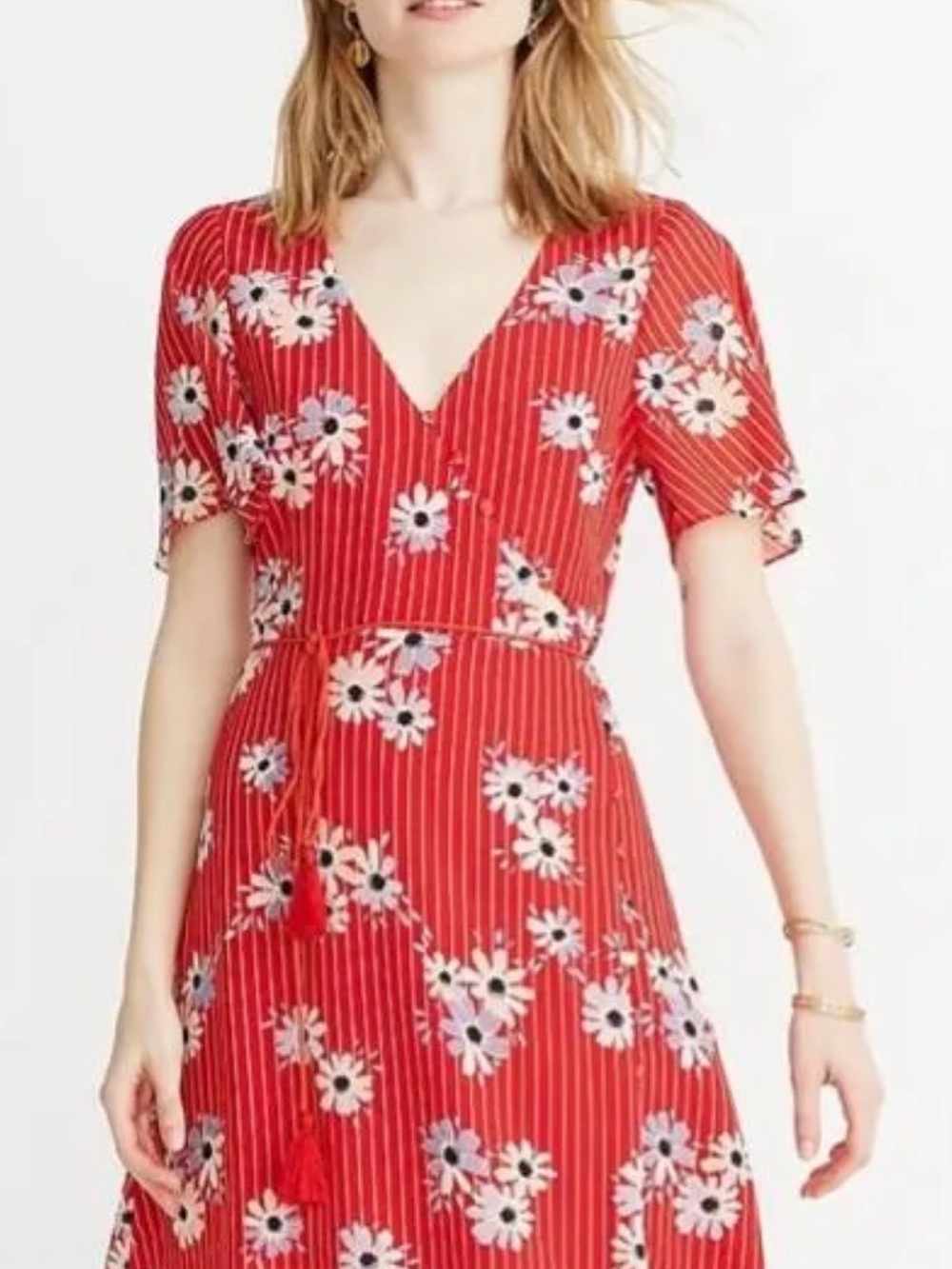 Madewell Button-Wrap Dress Daisy Society Retro Stripe Lipstick Red and White 2